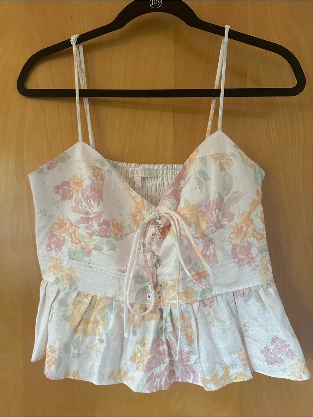 Wayf White Peplum Cami with Soft Peach Floral Detail
